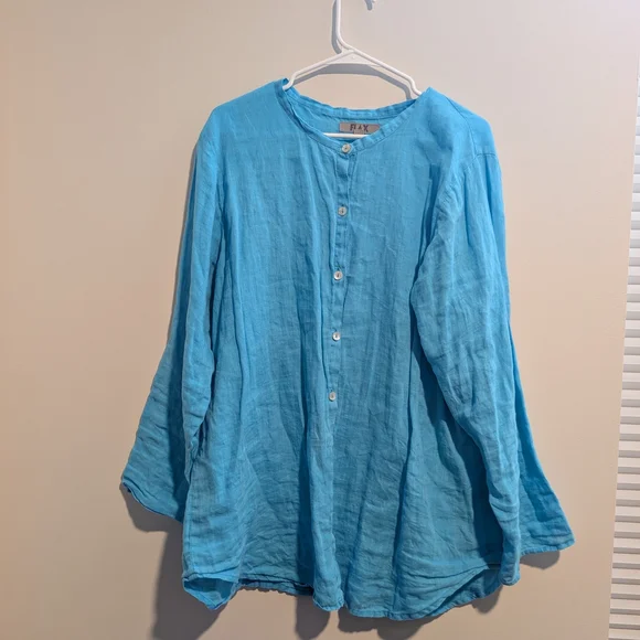 Flax Linen Button-Up Long Sleeve Turquoise Top Size Medium - Picture 1 of 5